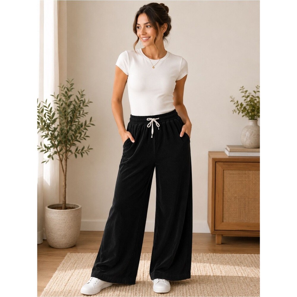 SHEIN Black Corduroy Wide Leg Drawstring Pants with Side Pockets
